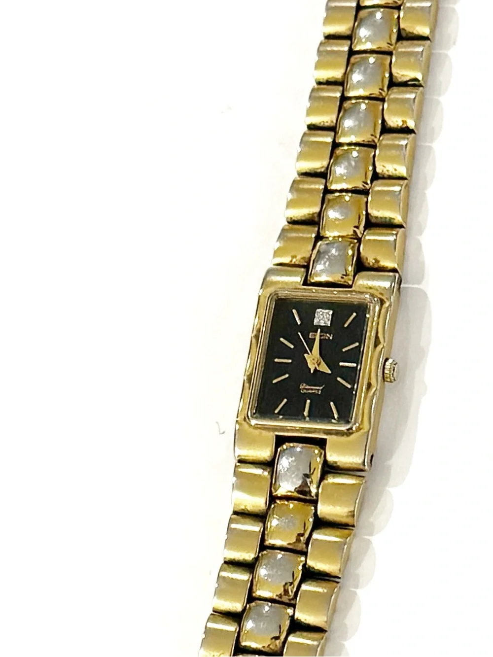 Vintage Elgin Diamond Watch Quartz Gold-tone Womens Wristwatch Black Dial